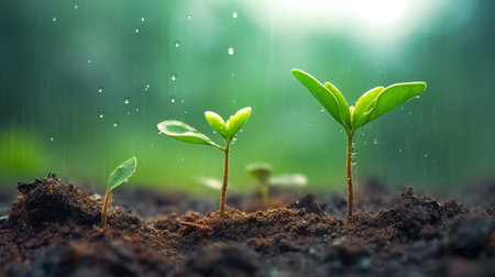 Young plants growing up on ground with raining drop, save wold and green environment concept, Generative AIの素材