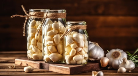 Artisanal Garlic Preserved in Glass Jars, A Rustic Tabletop Delight. Generative AIの素材
