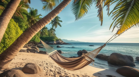 Swinging Tranquility Beneath Palm tree with A hammock, hanging from a palm tree on a beautiful beach. Generative AIの素材