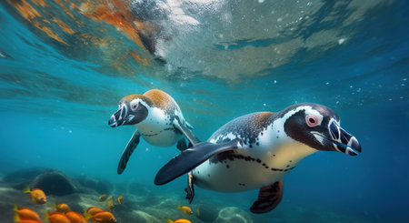 A couple of penguins swimming in the ocean with a lot of small fish around them. Generative AIの素材