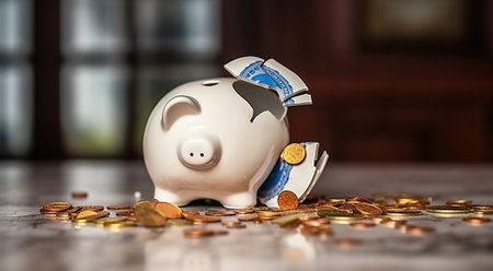 A Broken Piggy Bank and Money Scattered on the Table. Generative AIの素材