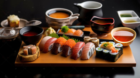 Mix of Japanese food on restaurant table. Generative AIの素材