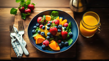 Top view of fruit and vegetable salads dish with orange juice drink on the wooden table in the modern kitchen. Generative AIの素材