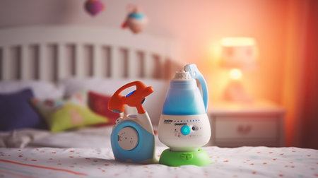 Baby monitor, rattle and sippy cup on table in room. Radio nanny, Generative AIの素材
