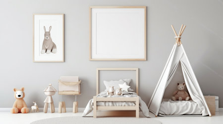 White wall with an empty vertical picture frame in a contemporary kids' room. Generative AIの素材