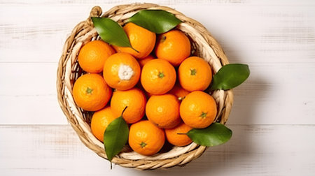 Basket full of fresh whole juicy clementine oranges with leaves on white wooden textured table. Generative AIの素材