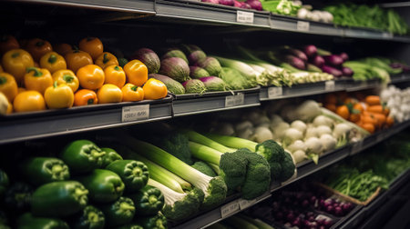 Vibrant Fresh Fruits and Vegetables Adorn Supermarket Shelves. Generative AIの素材