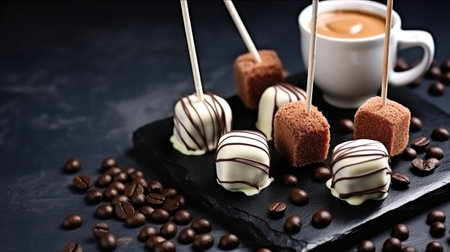 Delicious dessert with chocolate and milk cream on a stick with an atal tape. Cake pops on a slate board on a black background with coffee beans. Generative AIの素材