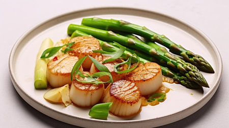 SautÃ©ed Scallops Harmonized with Tender Green Asparagus. Generative AIの素材