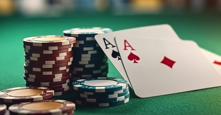 Stack of chips and two aces on the table on the green baize - poker game concept. Generative AIの素材