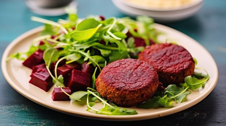 Beet cutlets with couscous and arugula, Generative AIの素材