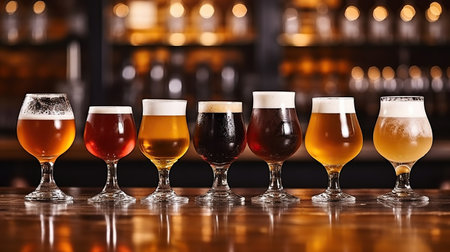 Different types of craft beer in glasses on table in pub interior in daylight. Generative AIの素材