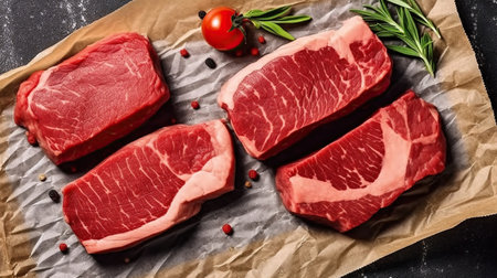 Raw strip loin steaks on baking paper. Generative AIの素材