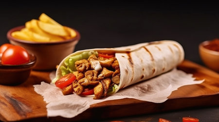 Savory Rustic Shawarma with French Fries, Mushrooms, and Chicken Wrapped in Pita Bread. Generative AIの素材