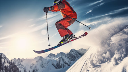 Extreme winter sports on mountain. Jumping skier skiing. Generative AIの素材