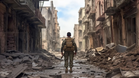 Solitude Amidst Ruin, The Resilient Soldier's Journey Through a Devastated City. Generative AIの素材