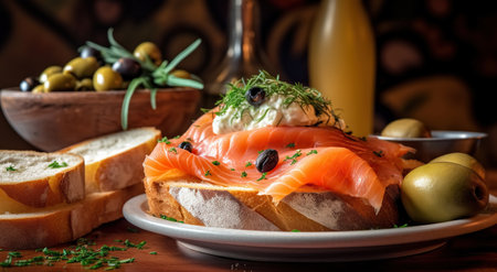 A plate of food with bread, olives, and smoked salmon on it. Generative AIの素材
