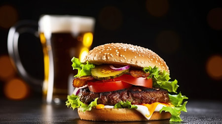 Tasty burger on slate plate against dark background. Generative AIの素材