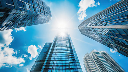 Modern skyscrapers, business office buildings with blue sky. Generative AIの素材