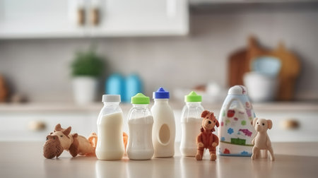 Cuddles and Sips, Baby Milk Bottles and Toys Create a Sweet Atmosphere in the Kitchen. Generative AIの素材