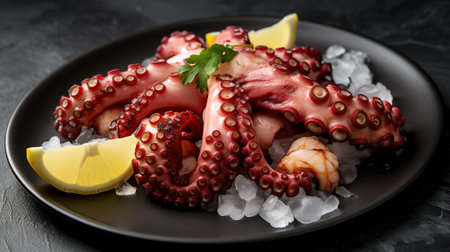 Artfully Prepared Cooked Octopus Displayed on a Frosty Plate. Generative AIの素材
