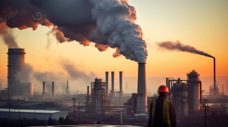 Industrial factory pollution, smokestack exhaust gases, bad atmosphere, Global warming Concept. Generative AIの素材