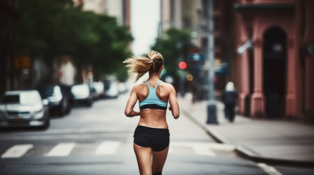 Morning Momentum, Woman's Energetic Run through the City Street at Sunrise. Generative AIの素材