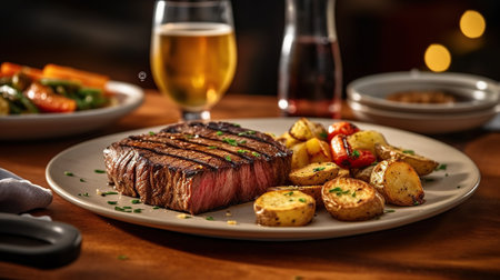 A plate of steak, potatoes, and vegetables on a table with a glass of beer and a bowl of vegetables on the side of the plate. Generative AIの素材