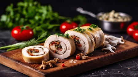 Savory Delights, Delectable Chicken and Mushroom Meat Roll with Spices and Herbs. Generative AIの素材