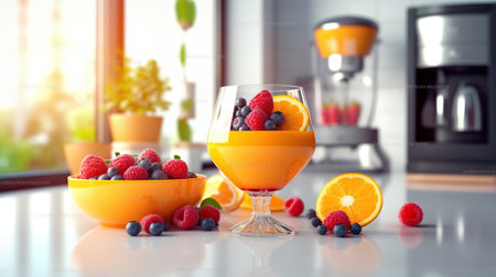 A Delectable Mix of Fruit Juice, Berry Medley, and Fresh Salad, Set Amidst a Modern Kitchen Scene. Generative AIの素材