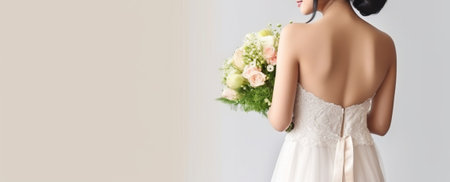 A Beautiful Young Asian Bride Embracing Love with a Bouquet of Eustoma Flowers, Generative AIの素材