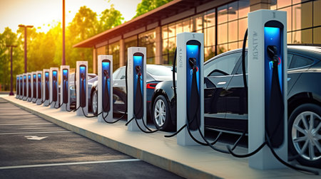 Electric cars charging in The Electrifying Lineup at the Public Charging Hub. Generative AIの素材