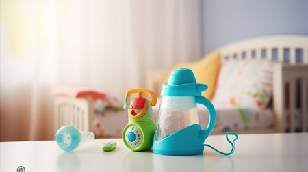Baby monitor, rattle and sippy cup on table in room. Radio nanny, Generative AIの素材