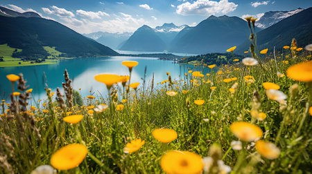 Beautiful summer scene with a flower field, snow capped mountains, and a blue lake. Generative AIの素材