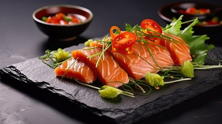 Salmon tataki in sesame with salad. Generative AIの素材