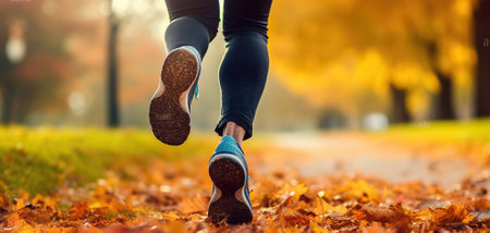 Close up, legs of Man running in park at autumn morning. Generative AIの素材