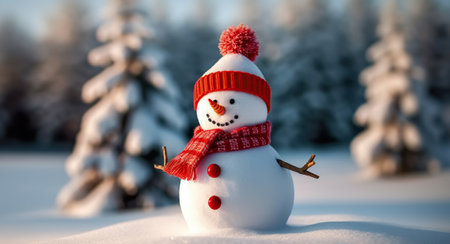 Cheery snowman wearing a festive red hat and scarf in a snowy landscape. Generative AIの素材