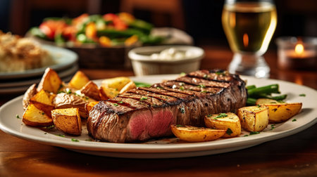 A Scrumptious Plate of Grilled Steak, Wholesome Potatoes, and Colorful Vegetables, Complemented by a Glass of Beer. Generative AIの素材