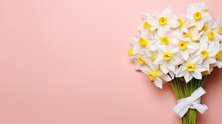 Lush bouquet of white-yellow daffodils isolated on pink background. Tender minimalistic spring flowers composition. Generative AIの素材