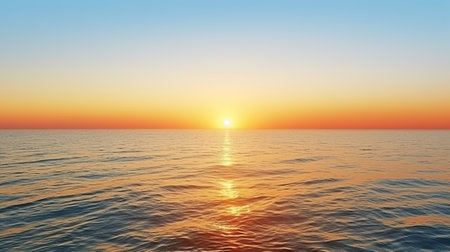 Ocean view with horizon over calm azure water with wind patterns and clear blue orange gradient sky without clouds. Generative AIの素材
