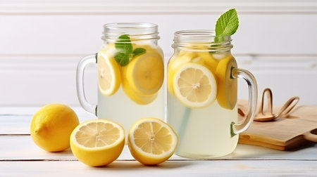 Two mason jar glasses of homemade refreshing lemonade with slices of organic ripe lemon, Generative AIの素材