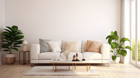 Scandinavian interior design. Modern living room in white color with sofa. 3D illustration.. Generative AIの素材