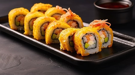 Hot and Crunchy Deep-Fried Sushi Rolls Packed with Shrimp Goodness, Generative AIの素材