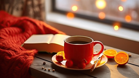 Red cup with hot coffee on the wooden cut with clementine mandarin, book and glowing christmas lights on the window sill. Holiday morning comfort concept. Generative AIの素材