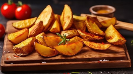 Irresistible Roasted Potato Wedges on a Rustic Wooden Board. Generative AIの素材