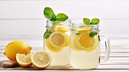 Homemade Refreshing Lemonade Served in Mason Jar Glasses with Organic Ripe Lemon Slices. Generative AIの素材