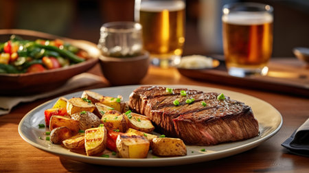 A plate of steak, potatoes, and vegetables on a table with a glass of beer and a bowl of vegetables on the side of the plate. Generative AIの素材