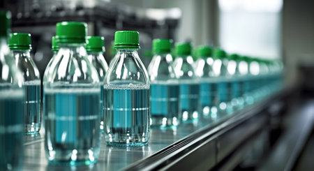 Bottling Beverages in Pristine Plastic Bottles at a Bright Factory Line, Generative AIの素材