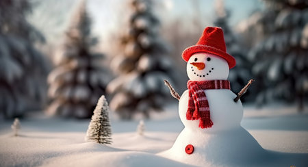 A Cheerful Snowman Braving the Winter Chill With Red Hat and Scarf. Generative AIの素材