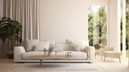 Modern living room in white color with sofa. Scandinavian interior design. Generative AIの素材